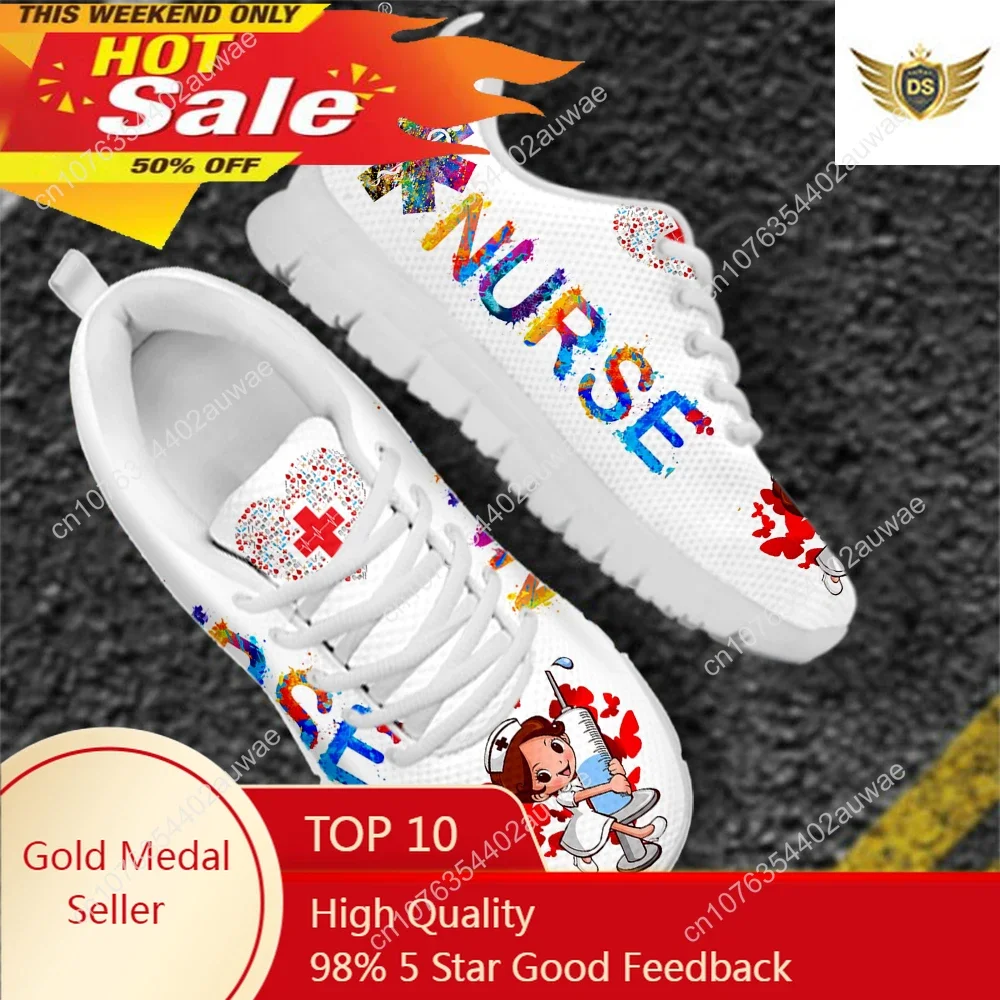 Women'S Shoes Nursing - รองเท้าผ้าใบลายการ์ตูนพยาบาลน่ารักสำหรับผู้หญิง ระบายอากาศได้ดี แบบผูกเชือก รองเท้าแบน สวมใส่สบาย