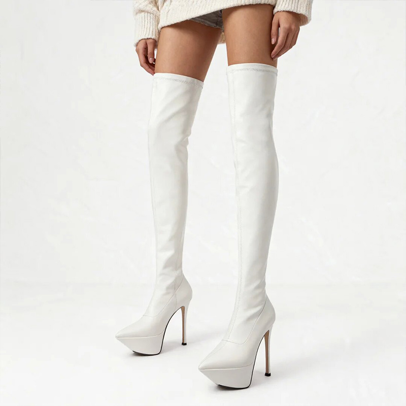 Zip Up Boots Short - รองเท้าบูทสตรีแบบสวมสูงถึงเข่า ส้นสูงแบบส้นเข็ม ปลายแหลม สีเงินสวยงาม สำหรับงานปาร์ตี้ ไซส์