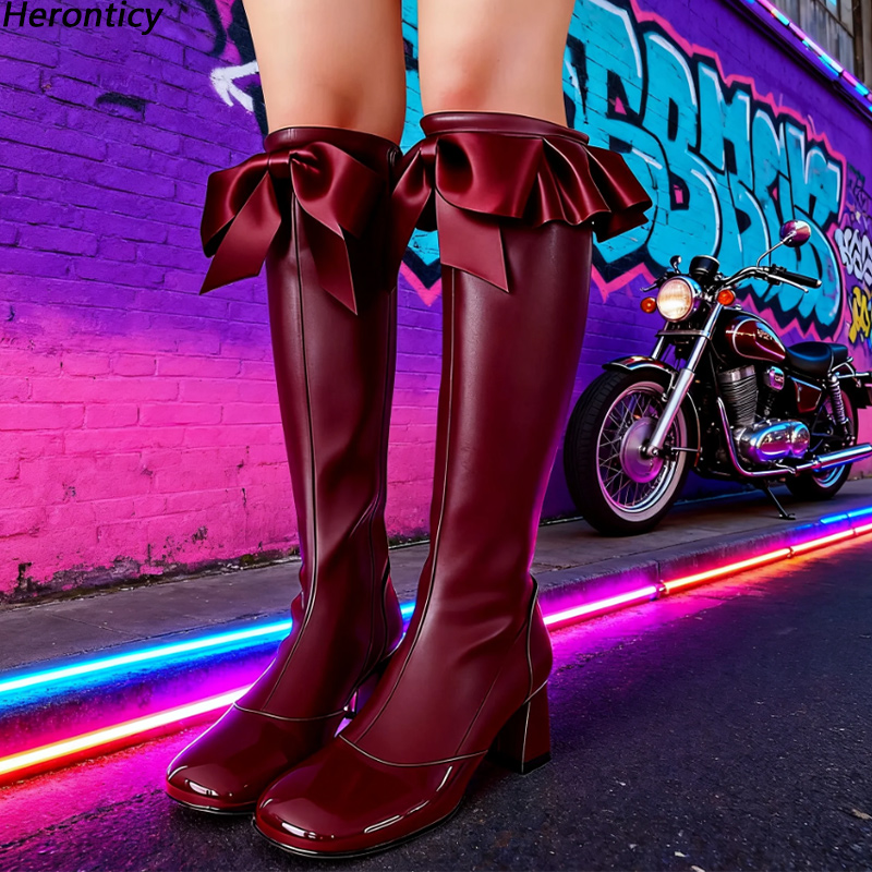 Zip Up Boots Short - รองเท้าบูทหนังสูงถึงเข่าสีดำทำมือ Heronticy สไตล์โกธิควิคตอเรียนสำหรับผู้หญิง ตกแต่งโบว์ขนาดใหญ่ ไซส์ 5-15