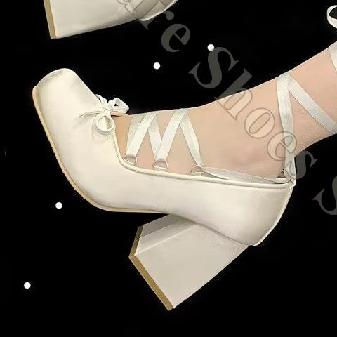 Ribbon Tie Heel - รองเท้าบัลเล่ต์ผู้หญิงแบบ Y2K ผ้าซาตินผูกโบว์ รองเท้าส้นเตารีดแบบผูกเชือกสไตล์วินเทจ รองเท้าเต้นรำ รองเท้าสำหรับงานปาร์ตี้