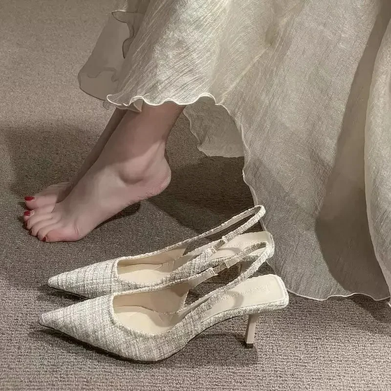Women Shoes Brands - แบรนด์แฟชั่นออกแบบรองเท้าส้นตึกแบบถักสำหรับผู้หญิง รองเท้าปาร์ตี้หัวแหลม รองเท้าส้นเข็มไซส์ใหญ่ใส่สบายสำหรับฤดูร้อน