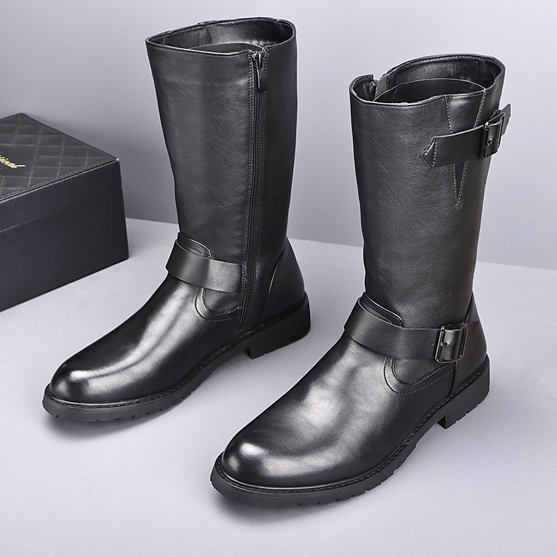 Suede Ankle Boot - รองเท้าบูทมอเตอร์ไซค์ทรงสูงสไตล์อังกฤษสำหรับผู้ชาย แฟชั่นคอสเพลย์ รองเท้าหนังแท้สีดำ รองเท้าคาวบอย รองเท้าบูทฤดูใบไม้ร่วงและฤดูหนาว รองเท้าบูทยาว