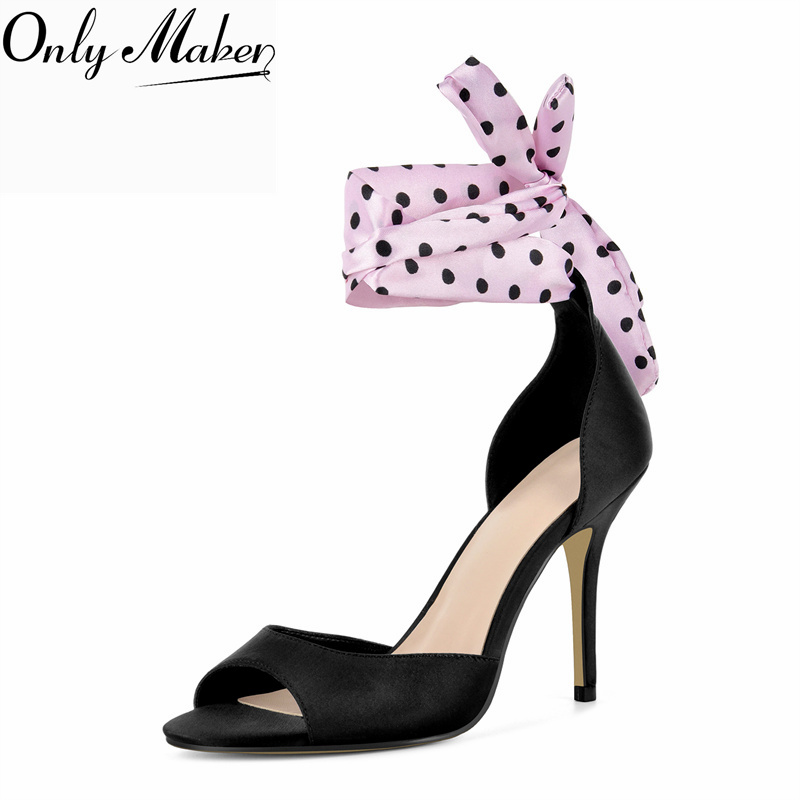 Ribbon Tie Heel - Onlymaker รองเท้าส้นสูงแบบเปิดหน้าเท้าลายจุดผ้าซาติน สีชมพูฟูเชีย พร้อมโบว์ริบบิ้นและสายรัดข้อเท้า เหมาะสำหรับงานปาร์ตี้และชุดราตรี