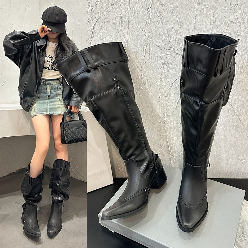 Suede Ankle Boot - ห่อรองเท้าเดี่ยวสําหรับสตรีฤดูใบไม้ผลิฤดูร้อน Pointed Toe Studded หัวเข็มขัดโลหะซิปด้านข้างไม่มีเข่าส้นรองเท้า
