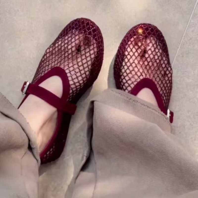 Slingback Pumps Women - รองเท้าแตะแบบสวมประดับเพชรทรงกลวงสำหรับผู้หญิง รุ่นใหม่ปี 2026 ระบายอากาศได้ดี ดีไซน์ตาข่ายแบบถัก สไตล์แมรี่เจน