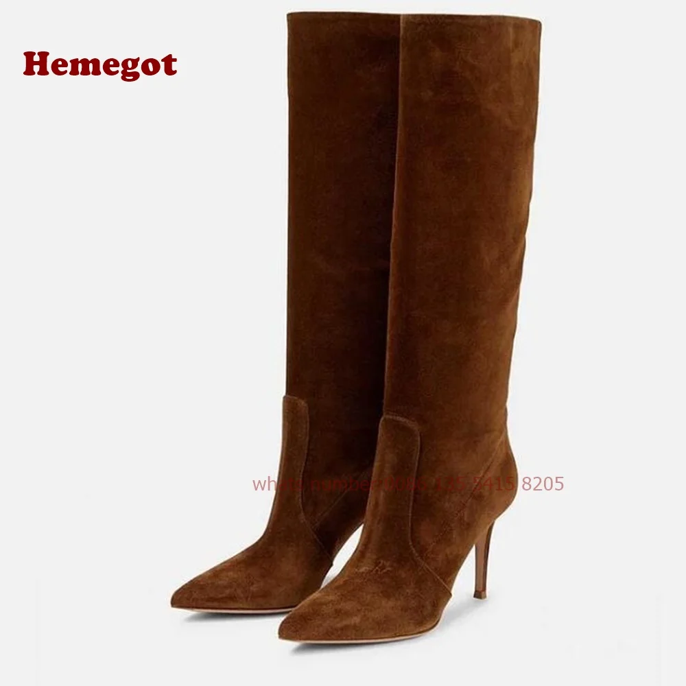 Women'S Shoes Vegan - รองเท้าบูทสูงถึงเข่า หนังกลับวีแกน ทรงกว้าง ปลายแหลม สีน้ำตาล แบบสวม