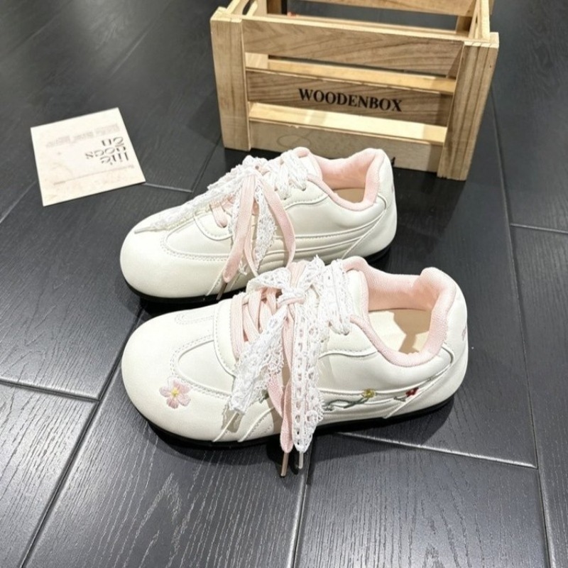 Women'S Shoes Back To School - รองเท้าผ้าใบผู้หญิง ลายปักดอกไม้ ลูกไม้หวาน รองเท้าลำลองแบบแบน น่ารัก เหมาะสำหรับนักเรียน