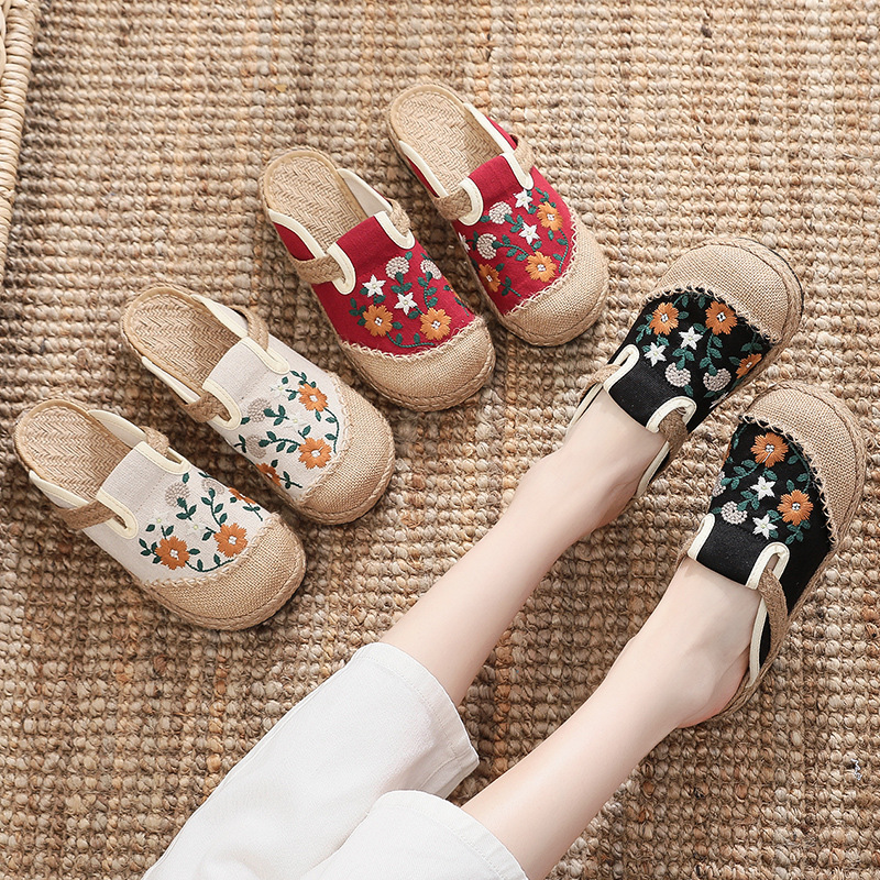 Women'S Shoes Vegan - รองเท้าแตะผ้าลินินปักลายสไตล์ลำลองสำหรับผู้หญิง รุ่นใหม่ปี 2026 ทำมือ รองเท้าสวมแบบเรโทร วีแกน