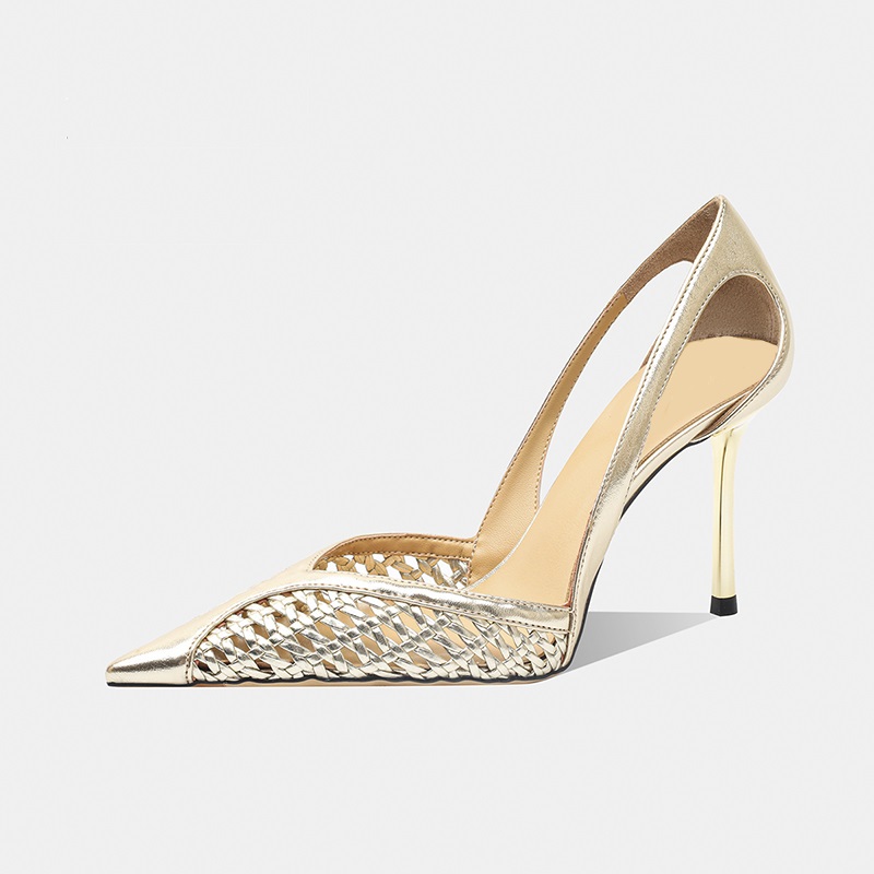 Women Shoes Brands - รองเท้าส้นสูงแบบโปร่งตาข่ายสำหรับผู้หญิง แบรนด์ดัง ปลายแหลม ส้นบาง สวมใส่สบาย ดีไซน์หรูหรา