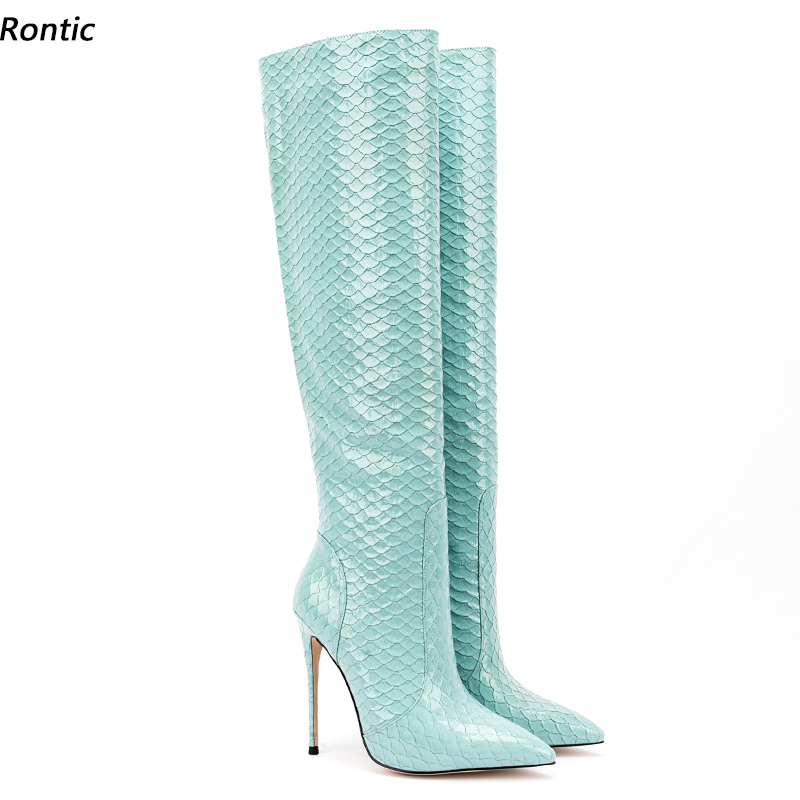 Zip Up Boots Short - Rontic ผู้หญิงฤดูหนาวเข่ารองเท้าบูทสูงปลาซิปด้านข้าง Stiletto รองเท้าส้นสูงชี้ Toe Light