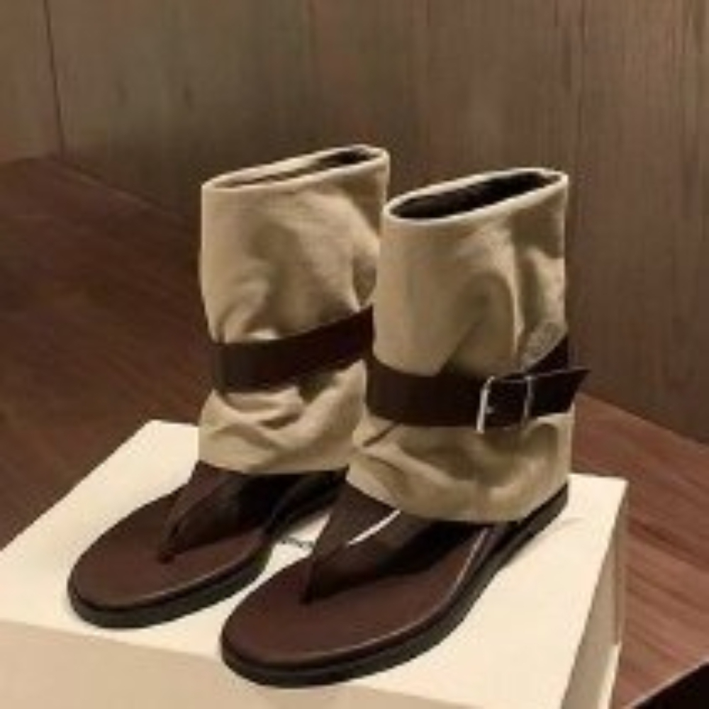 Suede Ankle Boot - รองเท้าแตะแบบมีห่วงรัดนิ้วเท้าสีวินเทจสำหรับผู้หญิง, รองเท้าบูทแบบโรมันหนังกลับพับได้พร้อมหัวเข็มขัด, รองเท้ากลาดิเอเตอร์ส้นแบนสำหรับผู้หญิง