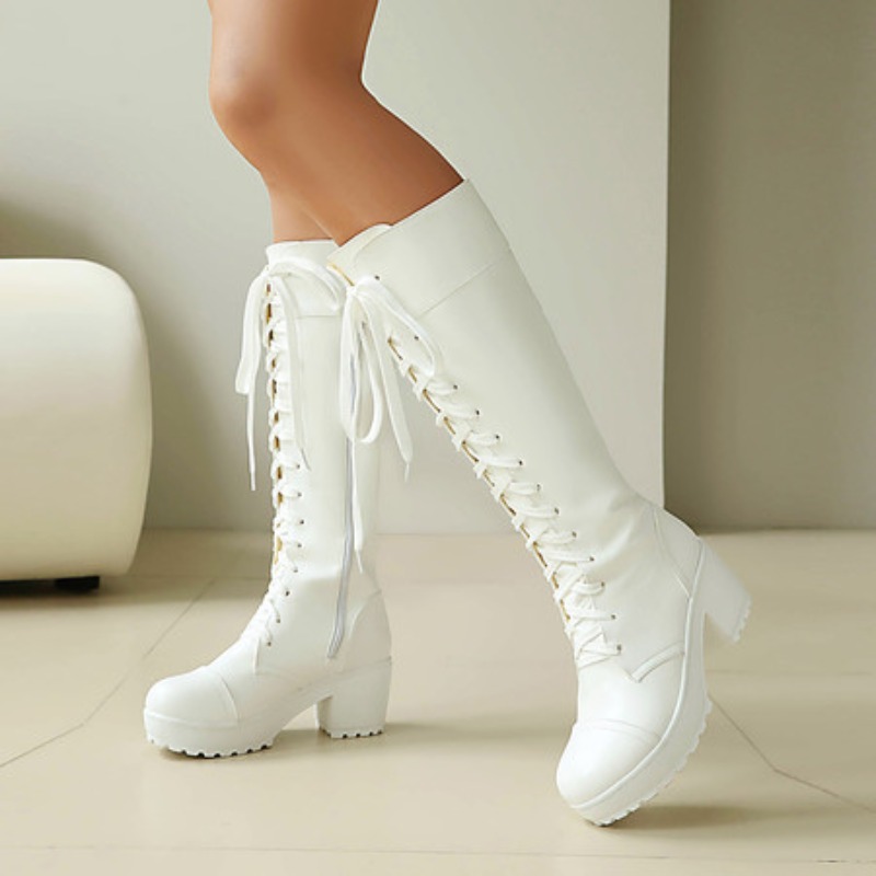 Zip Up Boots Short - รองเท้าบูทผู้หญิงแบบผูกเชือกสูงถึงเข่า สไตล์คอมแบท พื้นหนา แบบกอธิค ไซส์ใหญ่ 34-48