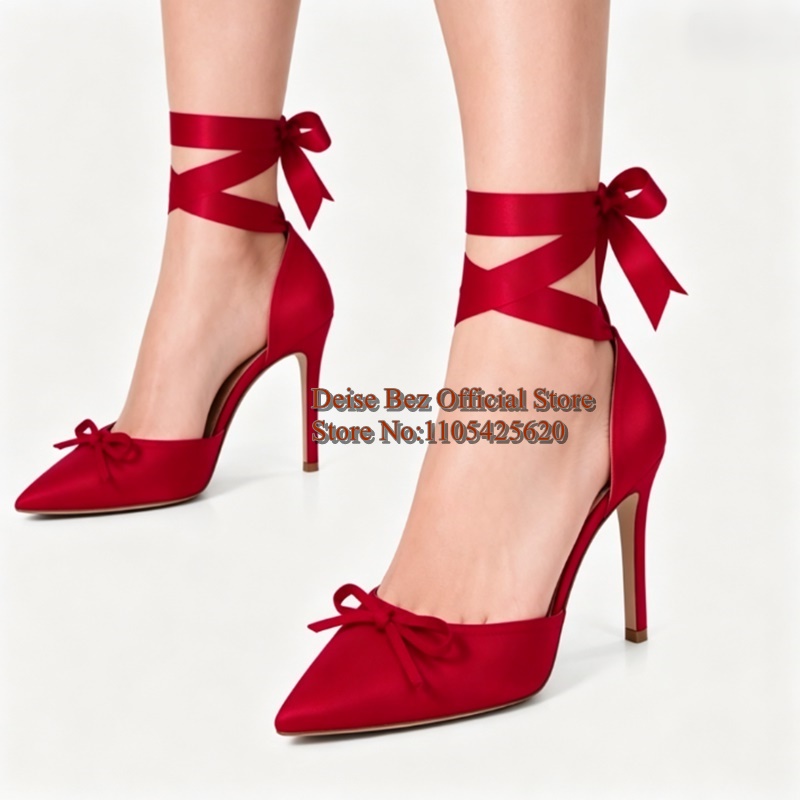 รองเท้าส้นสูงหัวแหลมผ้าซาติน ด - Ribbon Tie Heel บทวิจารณ์และราคา