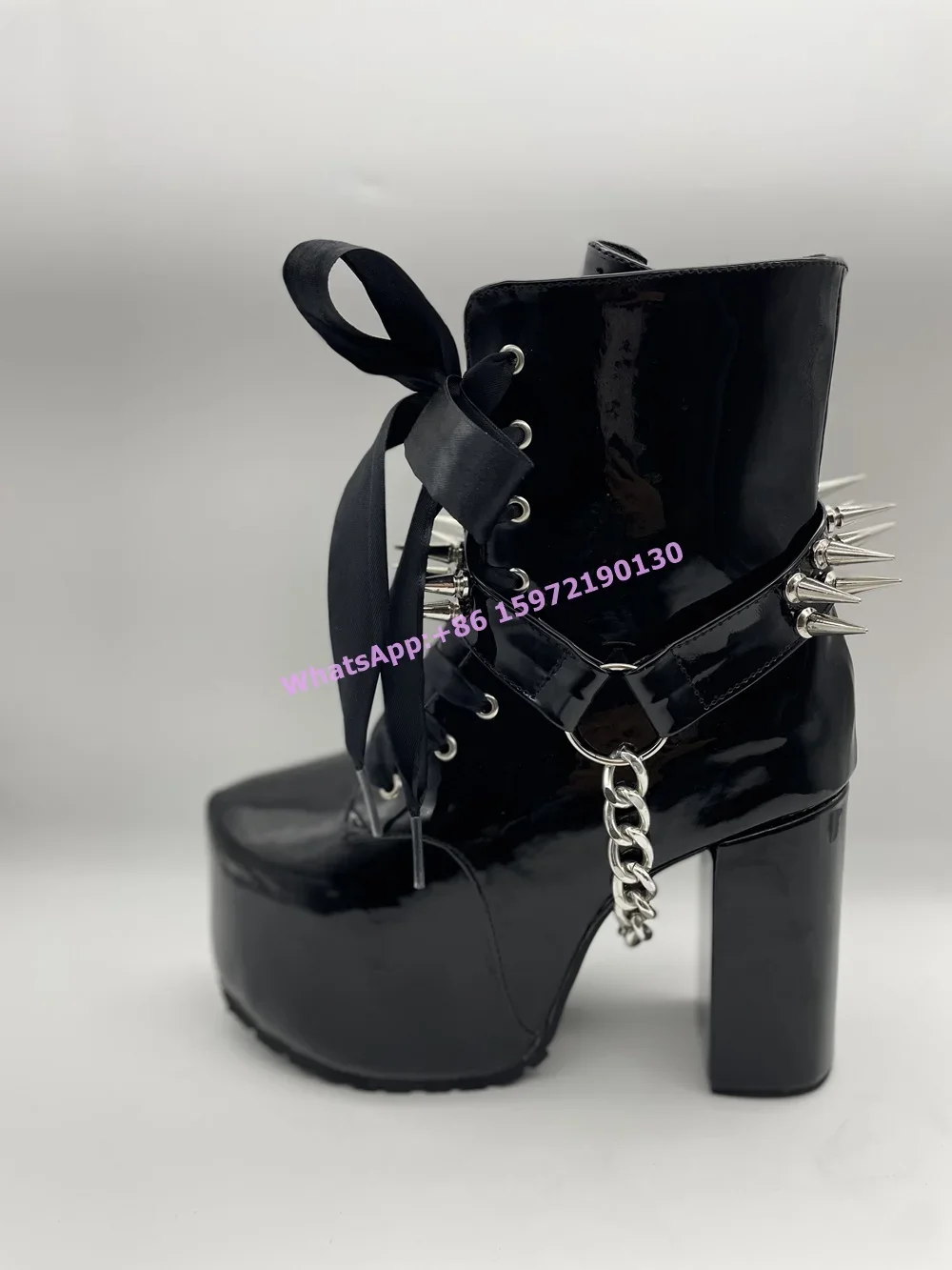 รองเท้าบูทสีดำแบบผูกเชือก ประด - Ribbon Tie Heel บทวิจารณ์และราคา