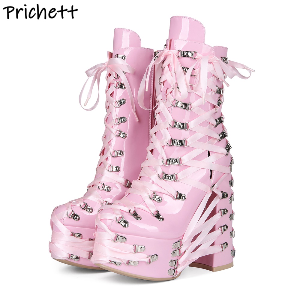 รองเท้าบูทข้อเท้าแบบผูกเชือกสี - Ribbon Tie Heel บทวิจารณ์และราคา