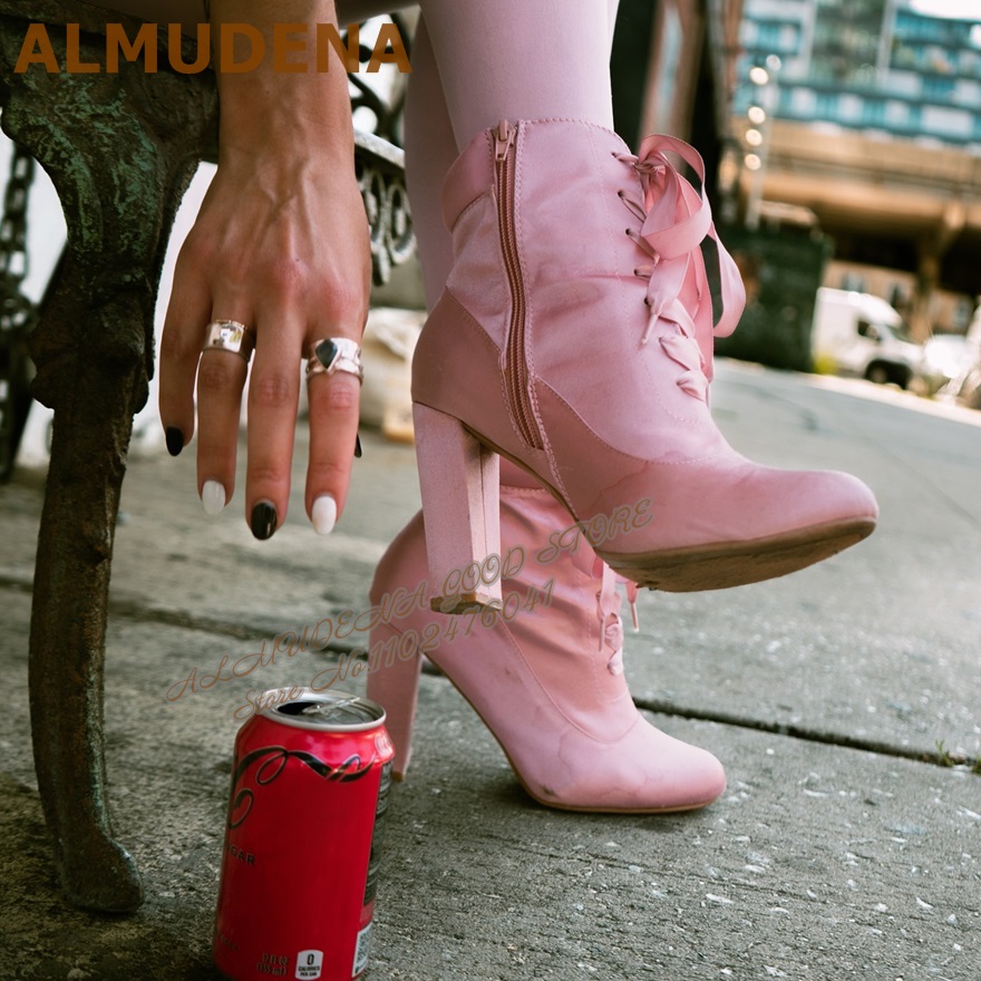 รองเท้าบูทส้นหนาสีชมพู ALMUDEN - Ribbon Tie Heel บทวิจารณ์และราคา