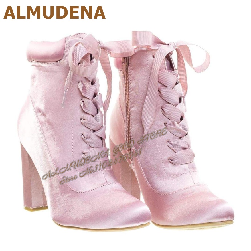 รองเท้าบูทส้นหนาสีชมพู ALMUDEN - Ribbon Tie Heel บทวิจารณ์และราคา