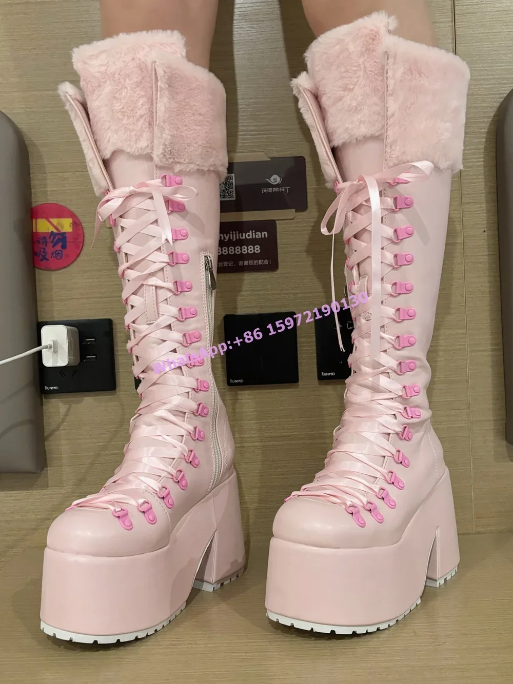 รองเท้าบูทขนสัตว์สีชมพู พื้นหน - Ribbon Tie Heel บทวิจารณ์และราคา