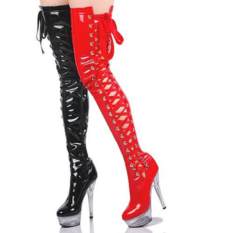 รองเท้าบูทส้นสูงแบบโปร่งใสสีชม - Ribbon Tie Heel บทวิจารณ์และราคา