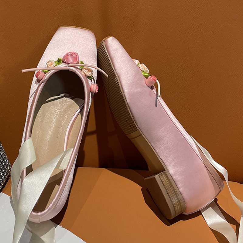 รองเท้าส้นเตี้ยแบบแมรี่เจนสีชม - Ribbon Tie Heel บทวิจารณ์และราคา