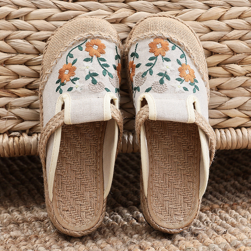 รองเท้าแตะผ้าลินินปักลายสไตล์ล - Women'S Shoes Vegan บทวิจารณ์และราคา